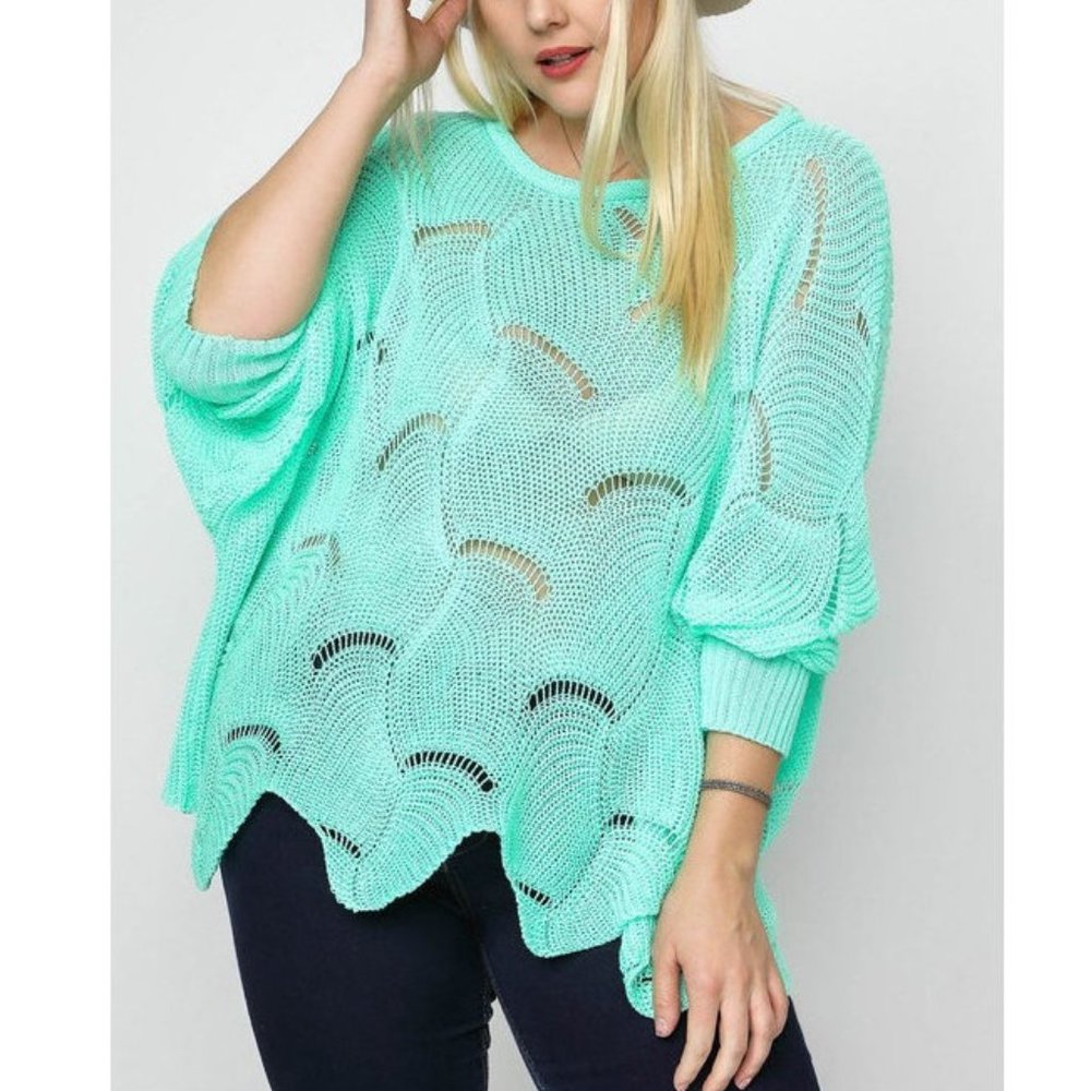 Plus Boho Mint Crochet Knit Kimono Tunic Sweater - Picture 3 of 5